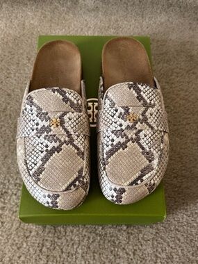 Tory Burch Neutral Snake-Print Slide Mules with Gold Logo